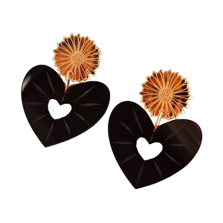 Open Heart and Flower Earrings Black for wholesale by anamarinastudio