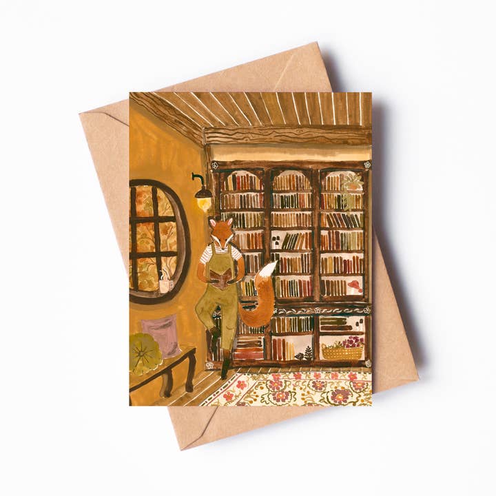 Fox's Library Single Blank Greeting Card for wholesale by Randi Lynn Reed Illustration