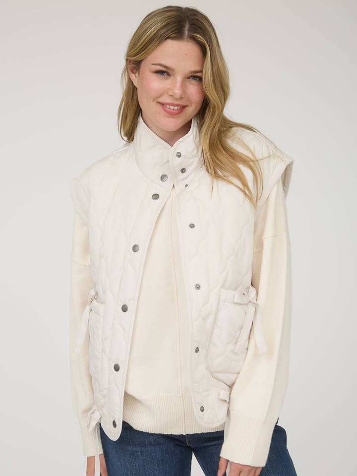 TIE DETAIL SNAP BUTTON DOWN QUILTED PUFFER VEST for wholesale by MINE