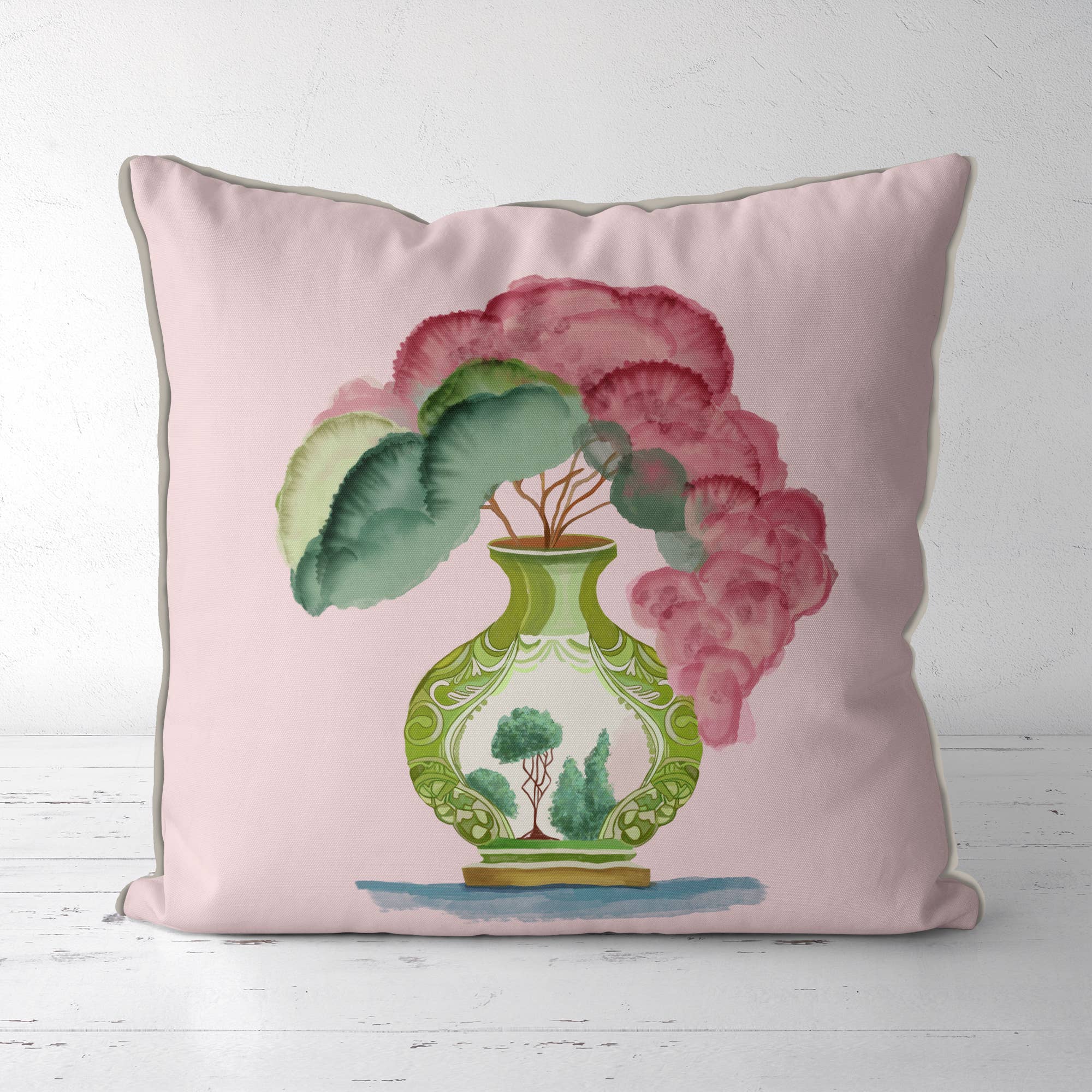 FabFunky Ltd – Almofada decorativa/de sofá por atacado – Vaso Verde Rosa 3 Almofada Chinoiserie ou Almofada exterior