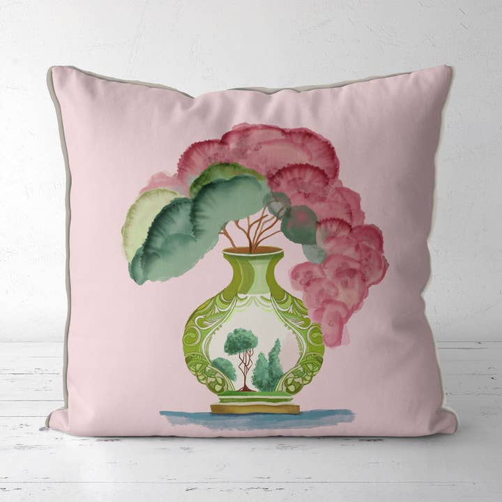 Lyserød grøn vase 3 Chinoiserie pude eller udendørs pude for engroshandel hos FabFunky Ltd