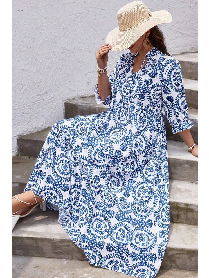 Sky Blue Geometric Print Lace-up Notch Neck Plus Size Maxi Dress for wholesale on Faire