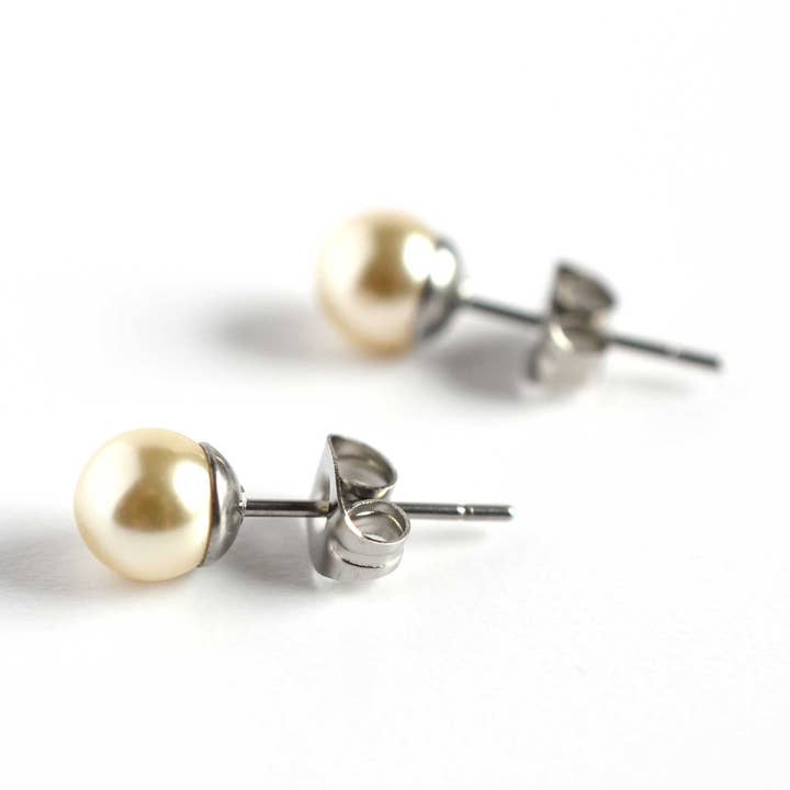 6mm Cream Faux Pearl Stud Earrings, Hypoallergenic Surgical Steel, Classic Pearl Studs for wholesale by Little Gems Jewels