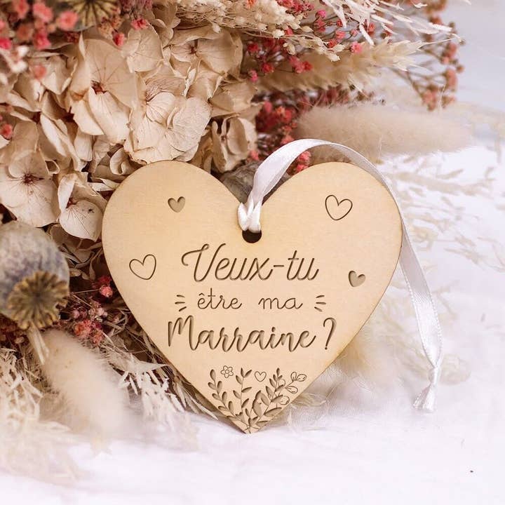 Wooden heart decoration - Do you want to be my godmother? for wholesale by Ourson Câlin