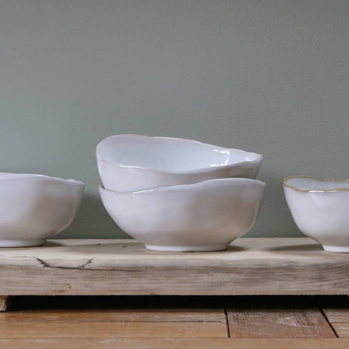 White Ceramic Bowl Reactive Glaze Irregular Shape for wholesale by Rose Brown Interiors