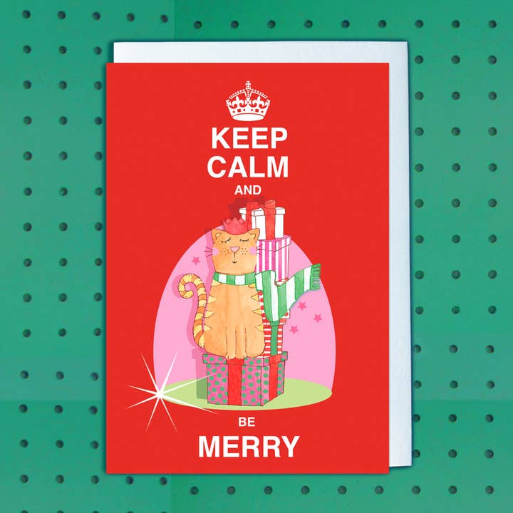 Keep Calm and be Merry Cat Christmas Cards for wholesale by Siobhan at april rose