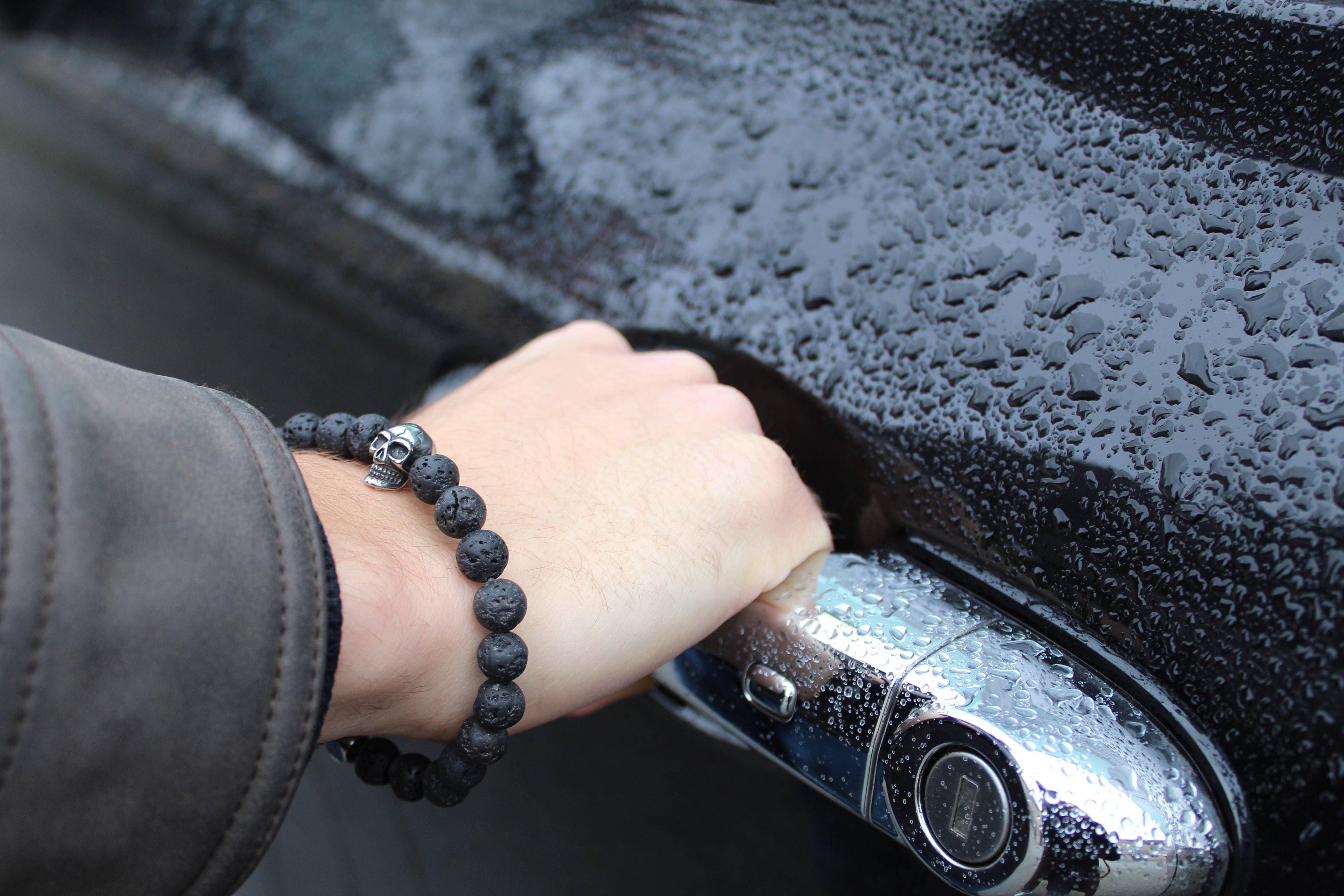 Purestone - Wholesale Beaded Bracelet - Black Lavastone Skull Bracelet 8mm1