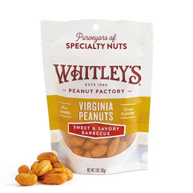 3 oz. Pouch Bags Sweet & Savory Barbecue Virginia Peanuts for wholesale by Whitley's Peanut Factory