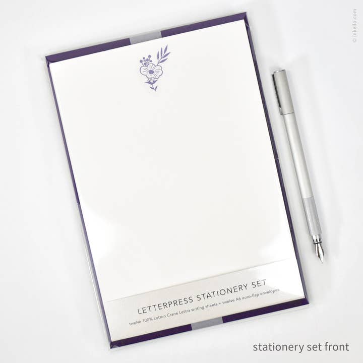 Stationery Set with Purple Bouquet (#472) for wholesale by Inkello Letterpress