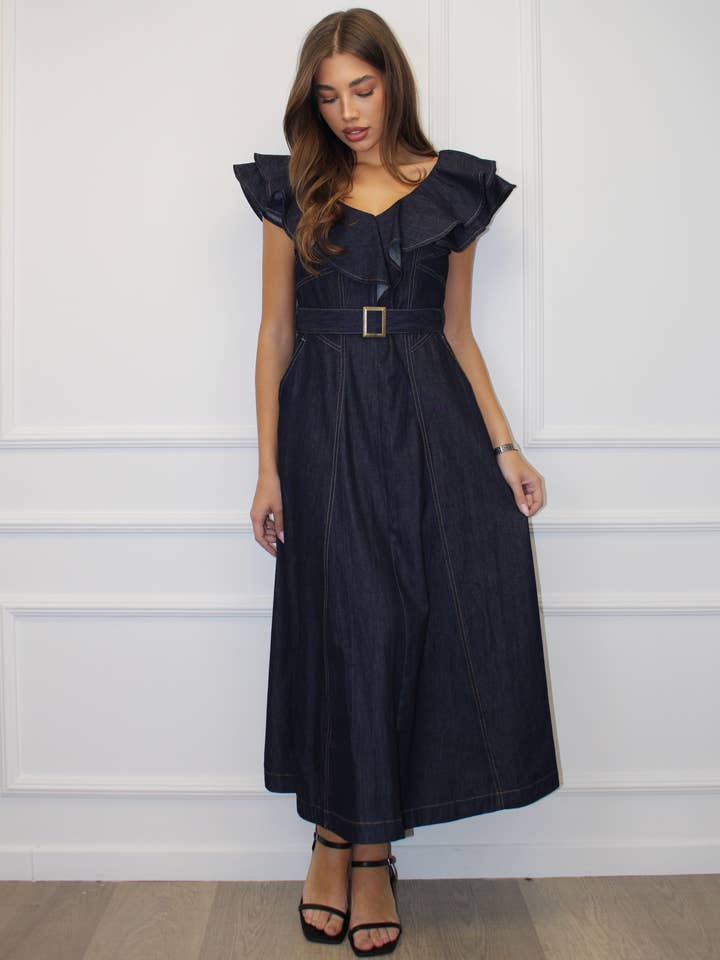 Rüschenkragen-Kleid mit Gürtel in Indigo-Blau für den Großhandel von Chilli Girl Collection