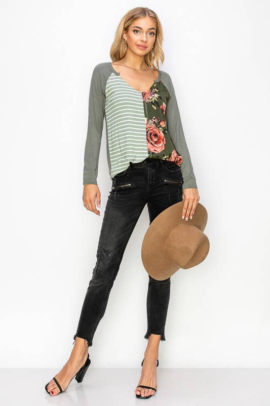 A.gain - Wholesale Tunic - Women's - 10759L296 - STRIPE AND FLORAL PRINT COLOR BLOCK TOP17