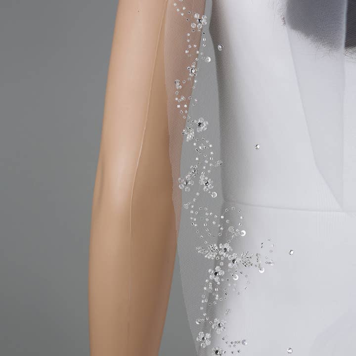 FS6347 Flower Vine Crystal Beaded Edge Veil 36" for wholesale by Farinosa Bridal