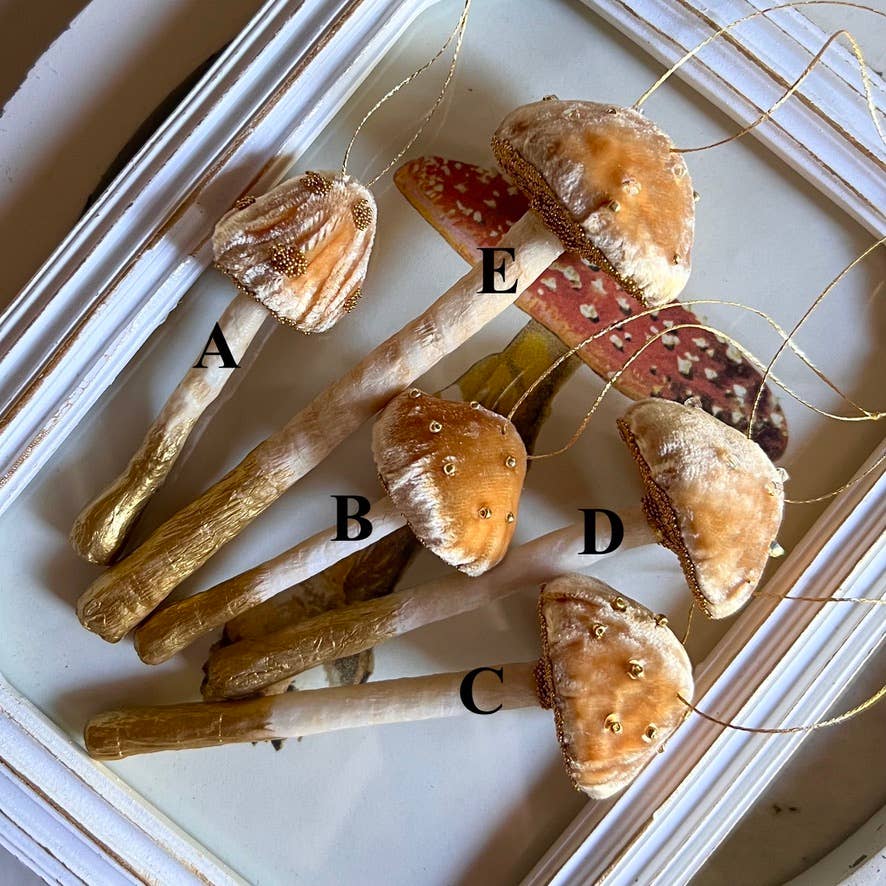 Wonder Objects – wholesale Ornament – Yellow Velvet Mushroom Ornaments with Crystals and Beads6