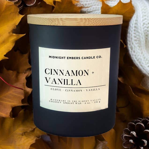Cinnamon + Vanilla 8 oz. Candle for wholesale by Midnight Embers Candle Co.
