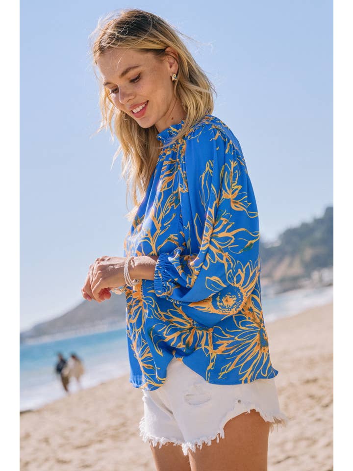 Blue Sunflower Plus Floral Ruffle Neckline Baby Doll Blouse for wholesale on Faire