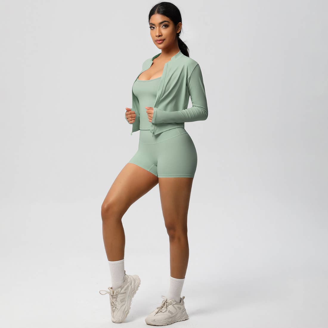 Sodalemon – Conjunto de desporto – Mulher por atacado – Conjunto feminino de yoga justo: top esportivo com interior escovado, jaqueta com zíper e shorts13