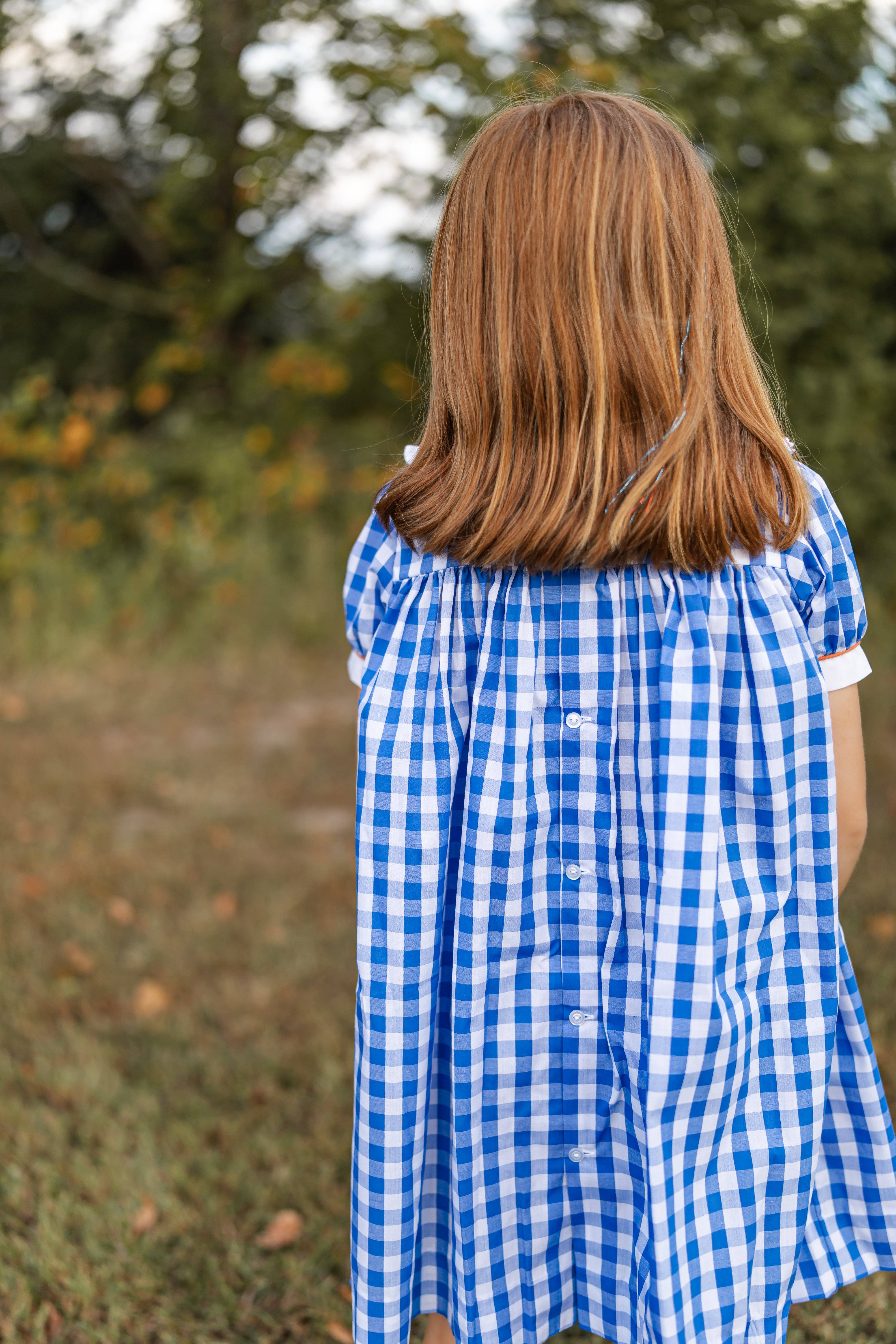 Posh Pickle – Großhandel Kleid – Kinder – Thankful Gingham-A-Linien-Kleid mit Truthahnstickerei, marineblau4