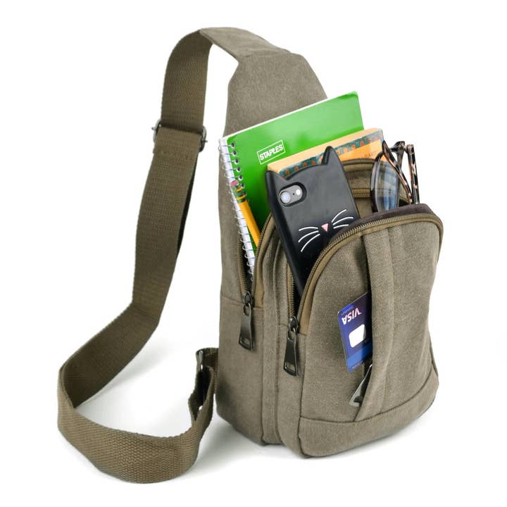 Selini New York - Wholesale Crossbody Bag - Unisex - Olive Crossbody Canvas Sling Bag Backpack