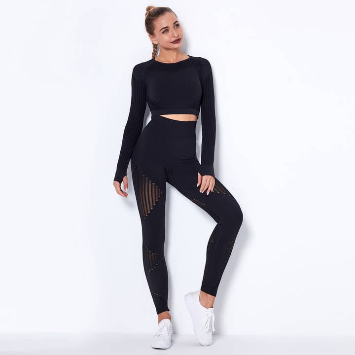 Svelte Seduction - Wholesale Activewear set – Women′s - New Seamless Net Hole Quick Drying Sports Yoga Long Sleeve Striped Fitness Trousers Yoga Suit1