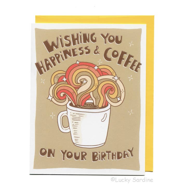 Lucky Sardine - Wholesale Birthday Card - Coffee & Happiness, Retro Rainbow 70s & 80s Birthday Card