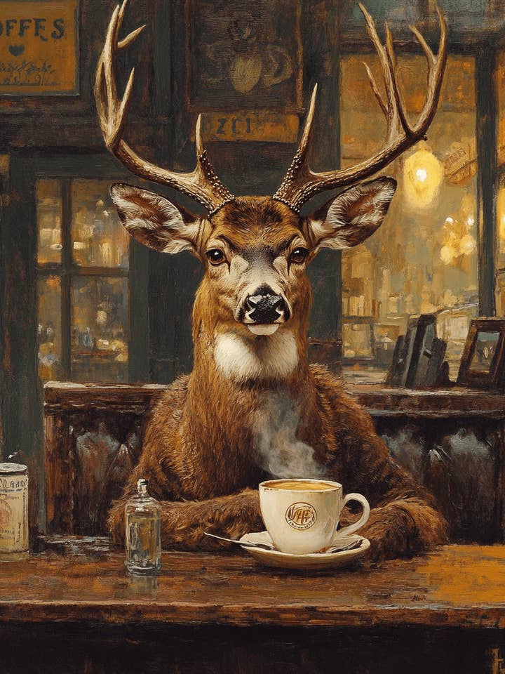 Hert met een Kopje Koffie - Koffie Muurkunst Prints - 20x25 cm Kunstprint voor 28x36 cm Lijst voor wholesale door Mowbi