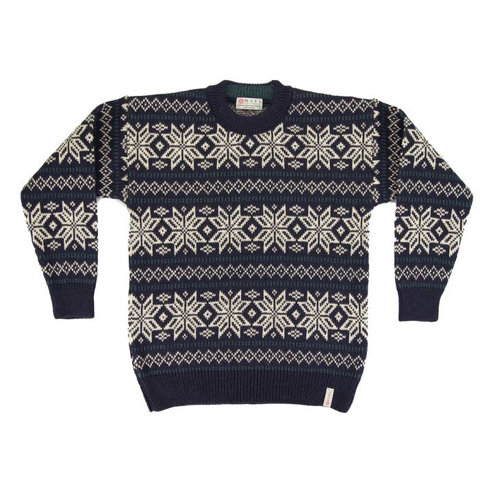 Jersey navideño de lana británica 100 % con diseño de copos de nieve - Azul marino para venta al por mayor de Mars Knitwear