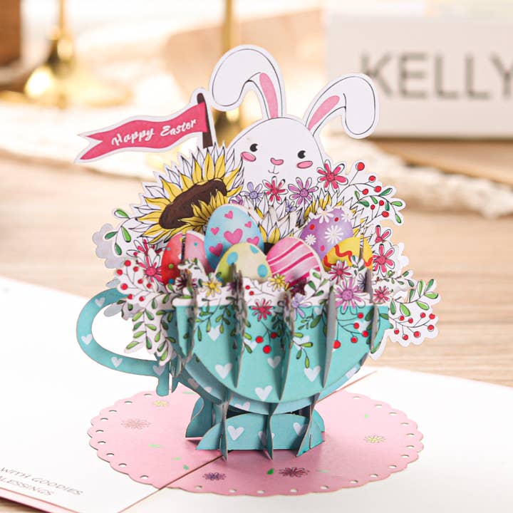 Theekopje Bunny & Eggs Paas-pop-upkaart voor wholesale door Liif Pop Up Card