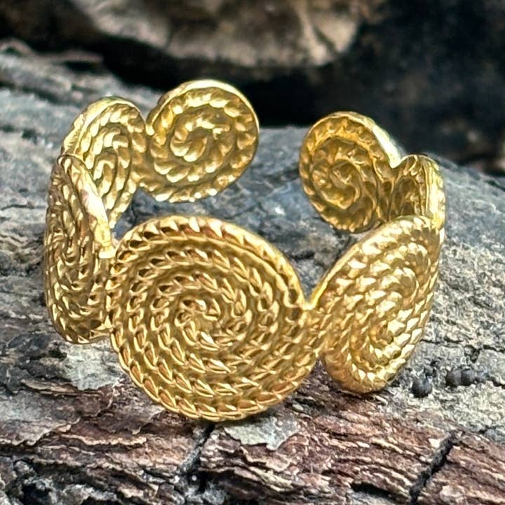 18ct Gold Plated Adjustable Textured Spiral Ring for wholesale by Ocean Ripples