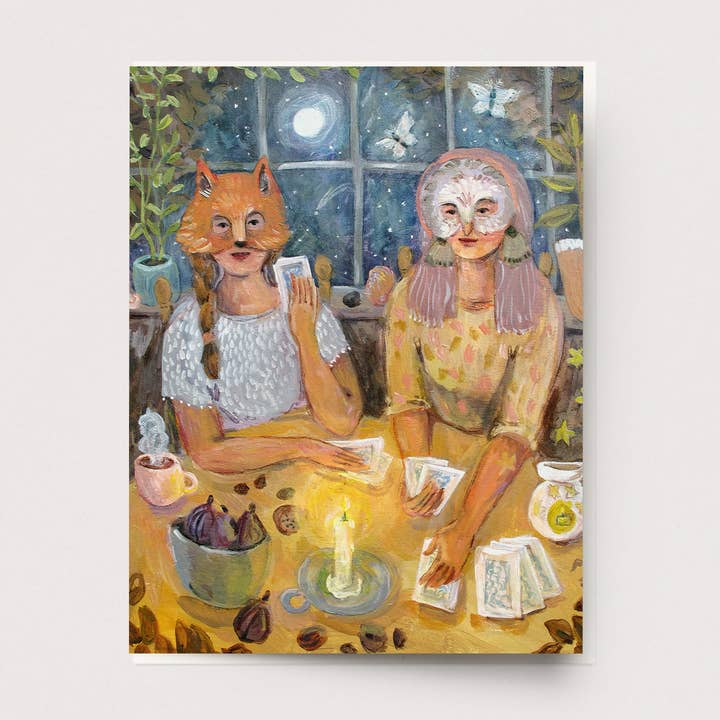 Lady Fox & Sister owl Card U-182 for wholesale by Ingrid Press