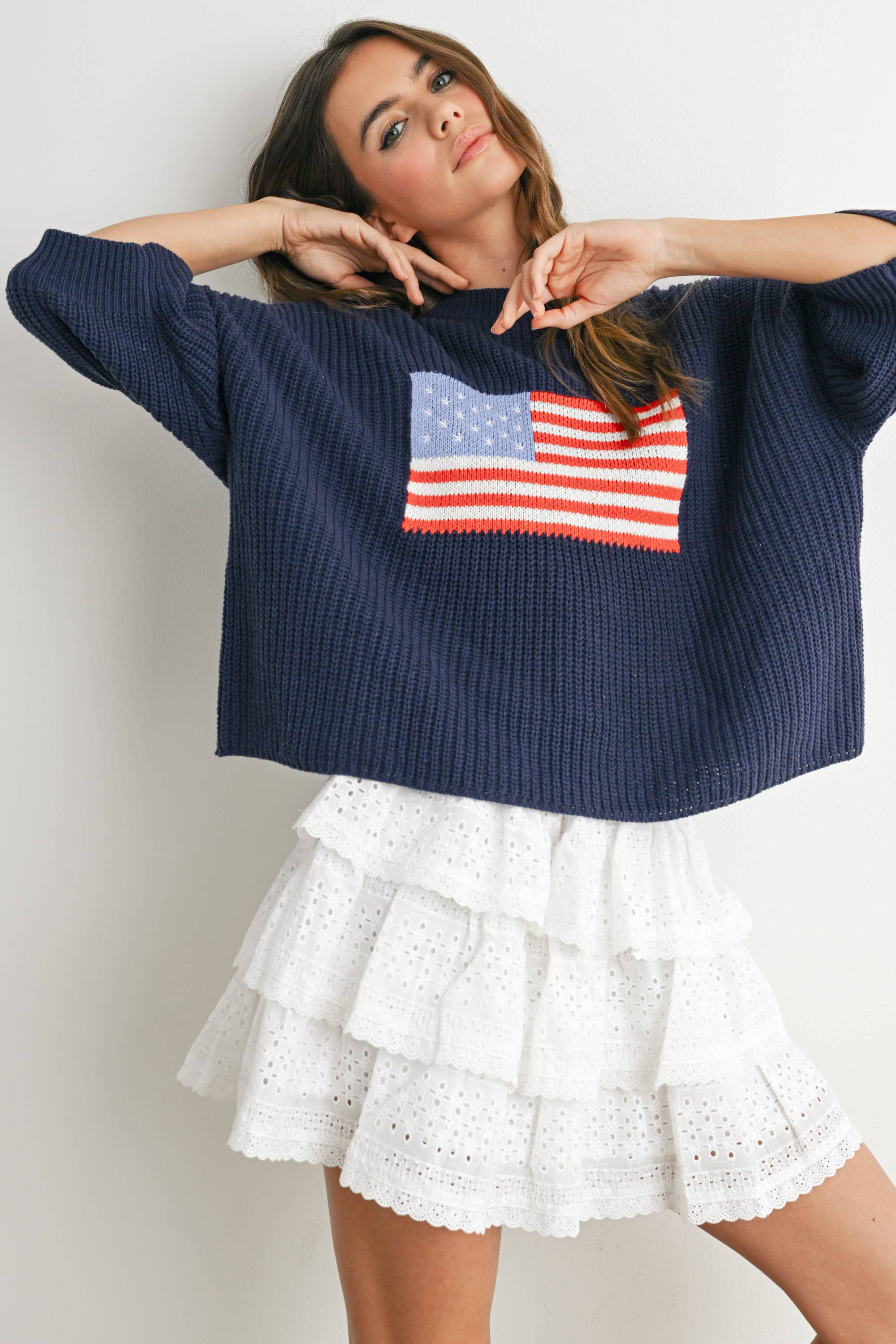 BUTTERMELON – Pulôver - Mulher por atacado – Suéter de tricô com estampa de bandeira - BMW76914