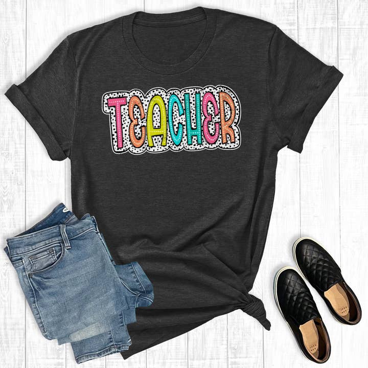 Colorful Dalmatian Dot Teacher Graphic Tee for wholesale by The Way Down South