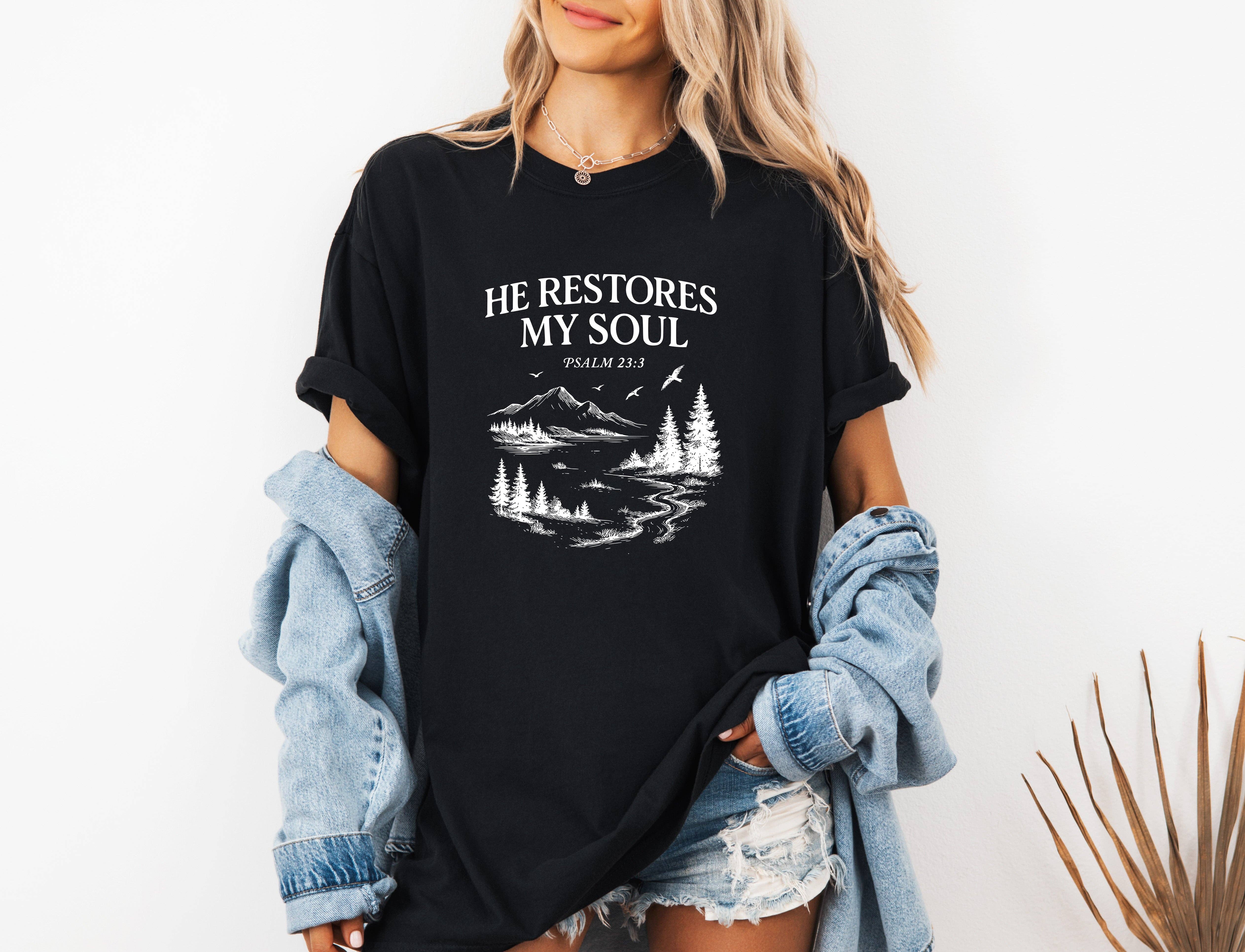 Verita Culture - Wholesale Screen Printed T-Shirt - Women's - He Restores My Soul Christian Comfort Colors Shirt7