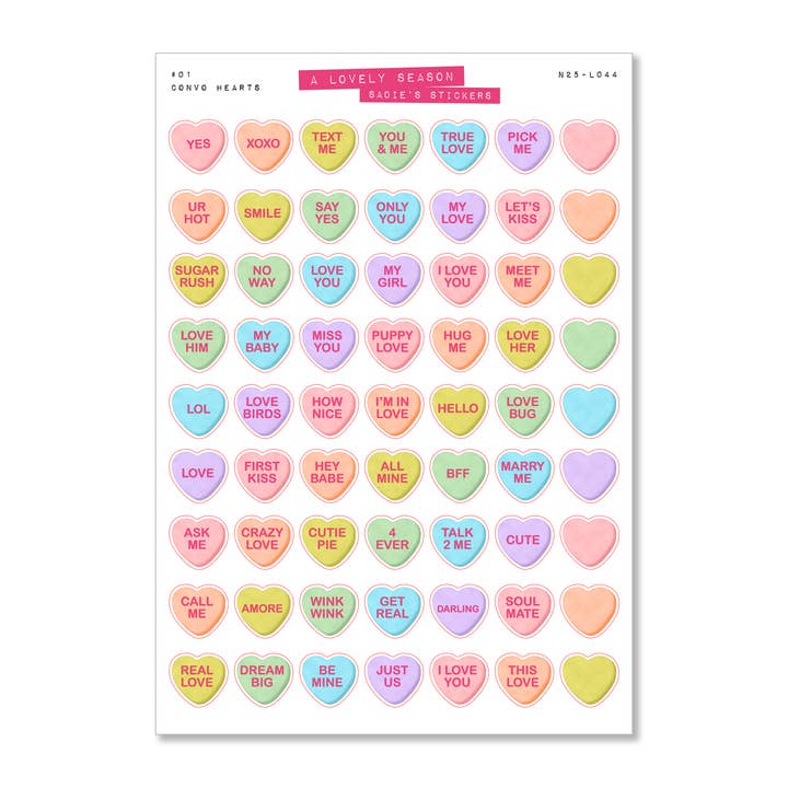 Gesprächsherzen • Ein schönes Saison-Aufkleberblatt für den Großhandel von Sadie's Stickers