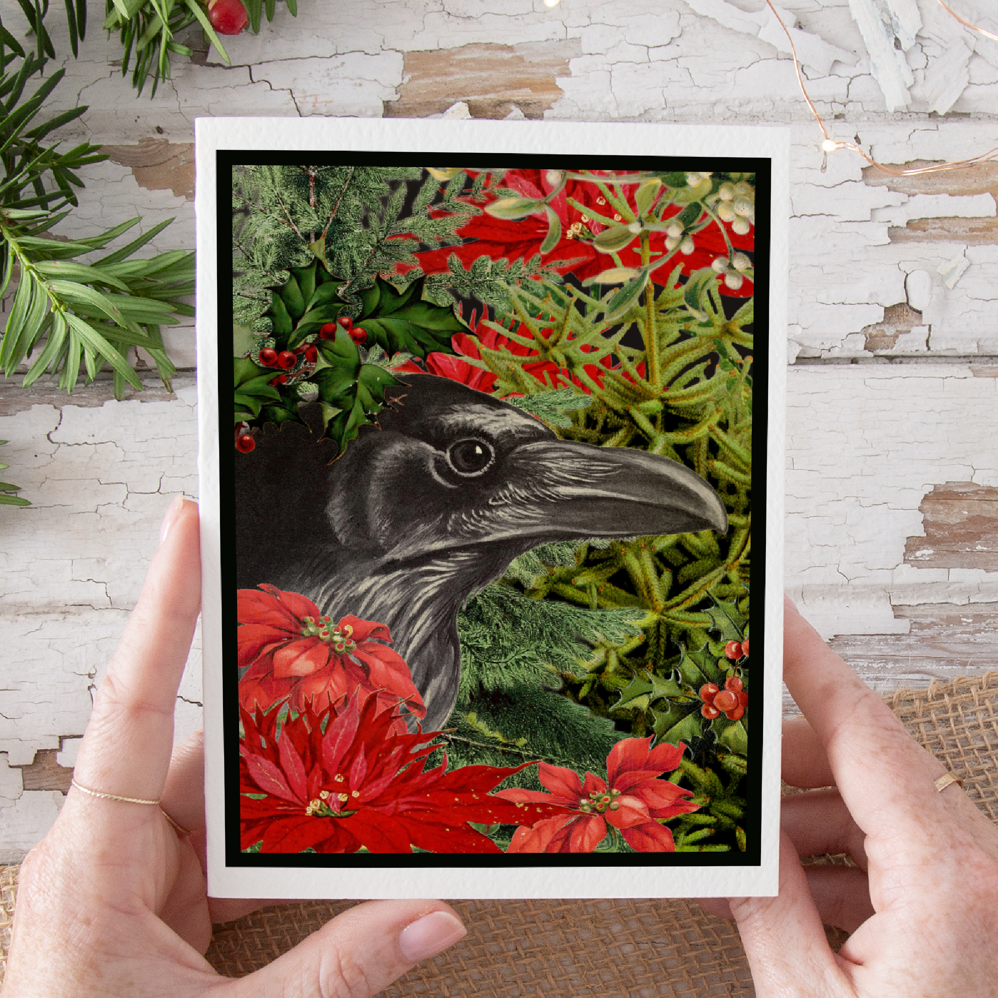 Cheerful Whimsies – wholesale Christmas card – Christmas Card. Vintage Raven in Xmas Greenery.4