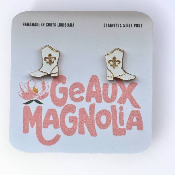 Geaux Magnolia – Großhandel Ohrstecker – Mardi Gras Majorette Stiefel Ohrstecker Weiß & Gold