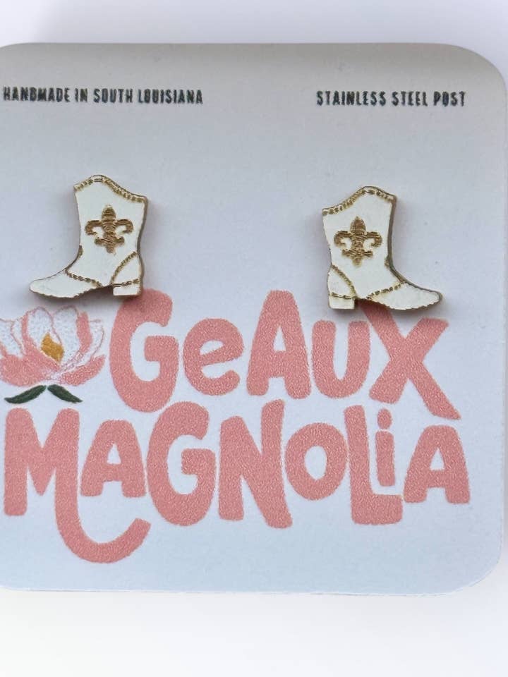 Mardi Gras Majorette Boot Stud Earrings White & Gold for wholesale by Geaux Magnolia