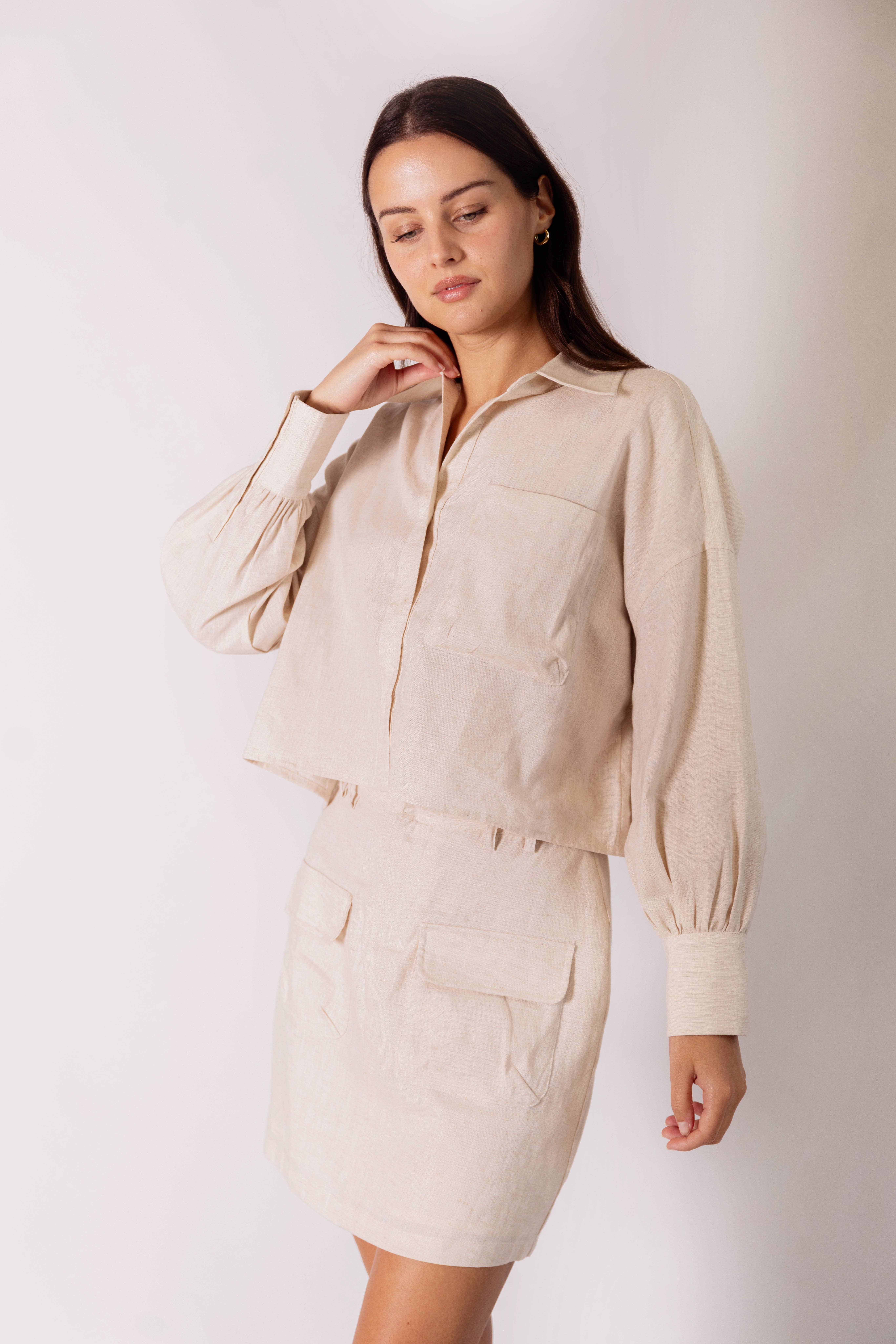 Natural P.CILL 100% Linen Cropped Button Up Shirt for wholesale on Faire7