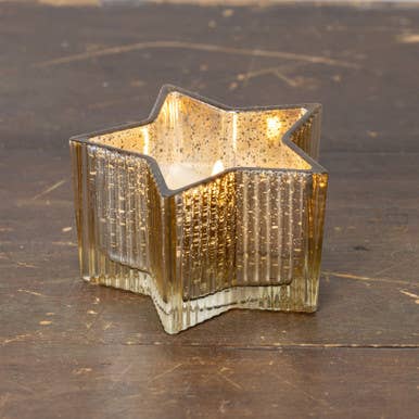 Ragon House - Vendita all'ingrosso Candela senza fiamma - CANDELA A FIAMMA 3D IN VETRO MERCURIO ORO DA 5,5" A FORMA DI STELLA0