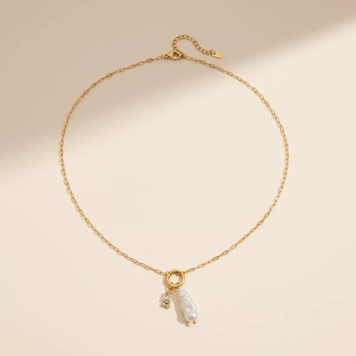 Freshwater Pearl Charm Chain Necklace 18k Gold Waterproof for wholesale by Gold Lunar