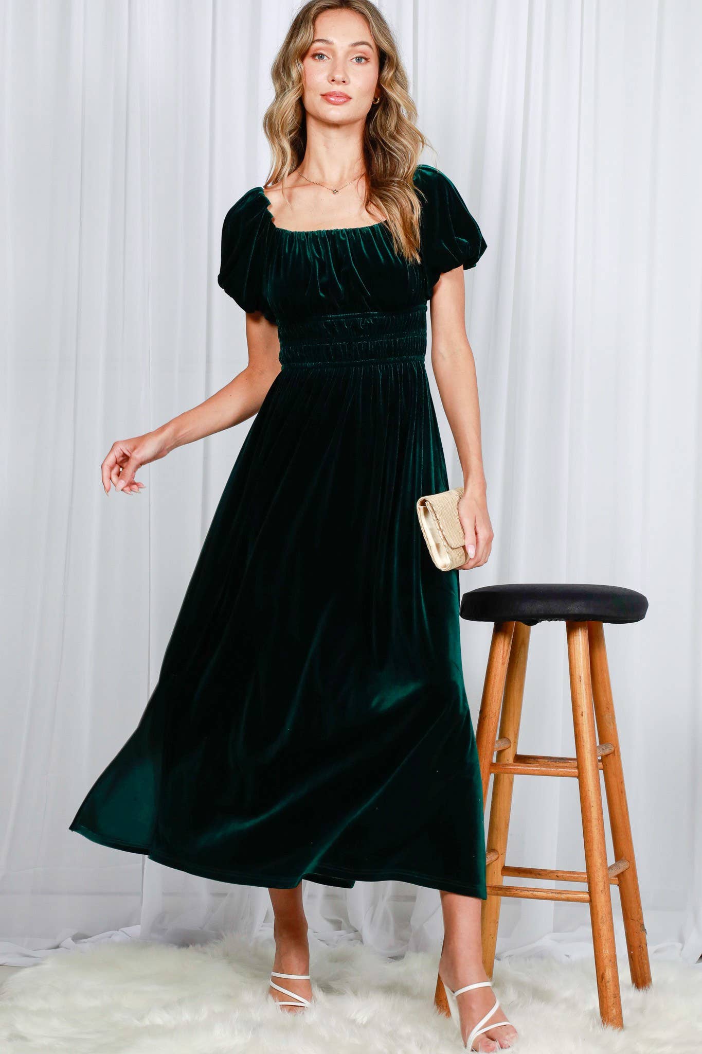 Vine & Love - Wholesale Dress - Women's - Square Neck Puff Sleeve Smocked Velvet Maxi Dress VD82053 8