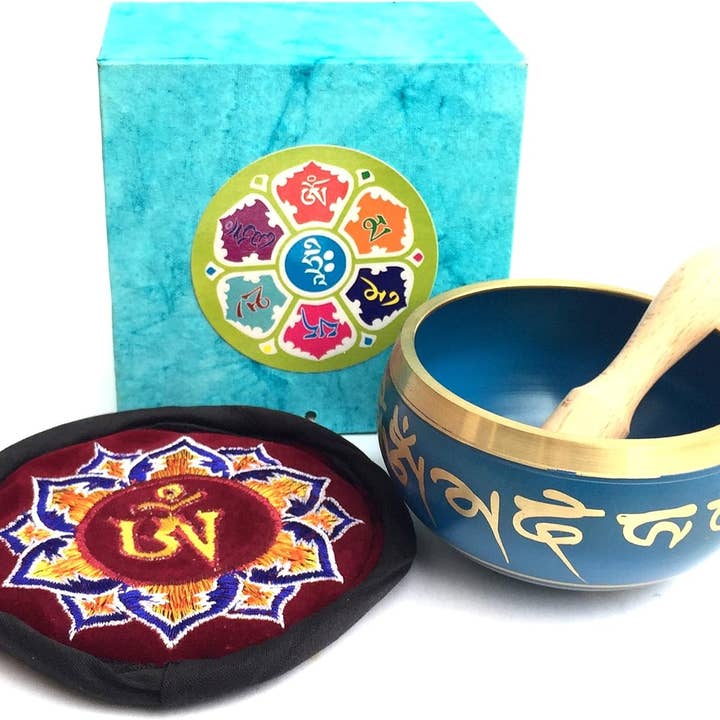 Singing Bowl Set Chakra Design Tibetan Brass Bowl - Blue for wholesale by OMA - Eclectic Home
