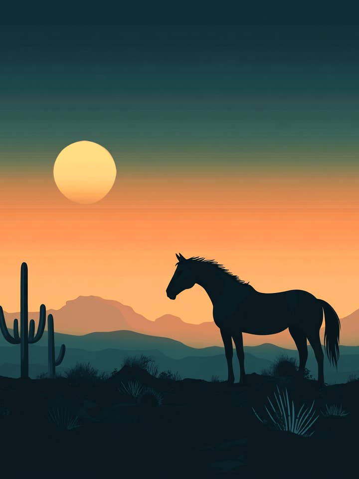 Wild Horse Sunset - Stampe artistiche da parete Southwestern Home Decor - Opera d'arte 8″x10″ per cornice 11″x14″ per la vendita all'ingrosso da parte di Mowbi