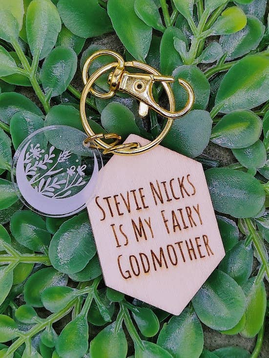 Stevie Nicks Is My Fairy Godmother Engraved Wood Keychain Clear Acrylic Flower Charm Gold Color Hardware for wholesale by Greyrose Co