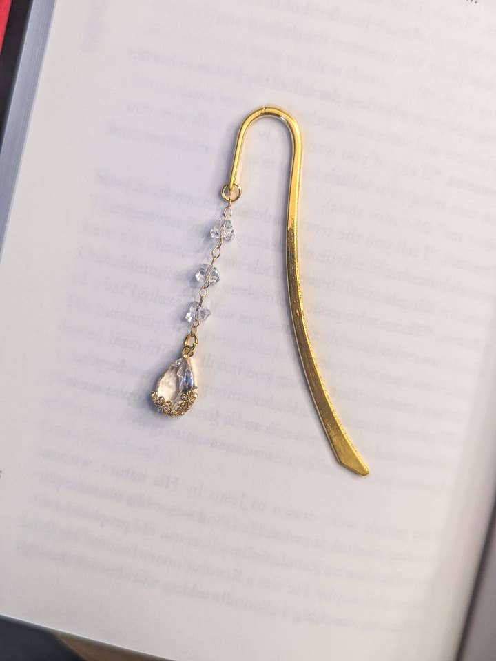 Clear Teardrop Floral Pendant Metal Gold Hook Bookmark for wholesale by Bookish Trinkets