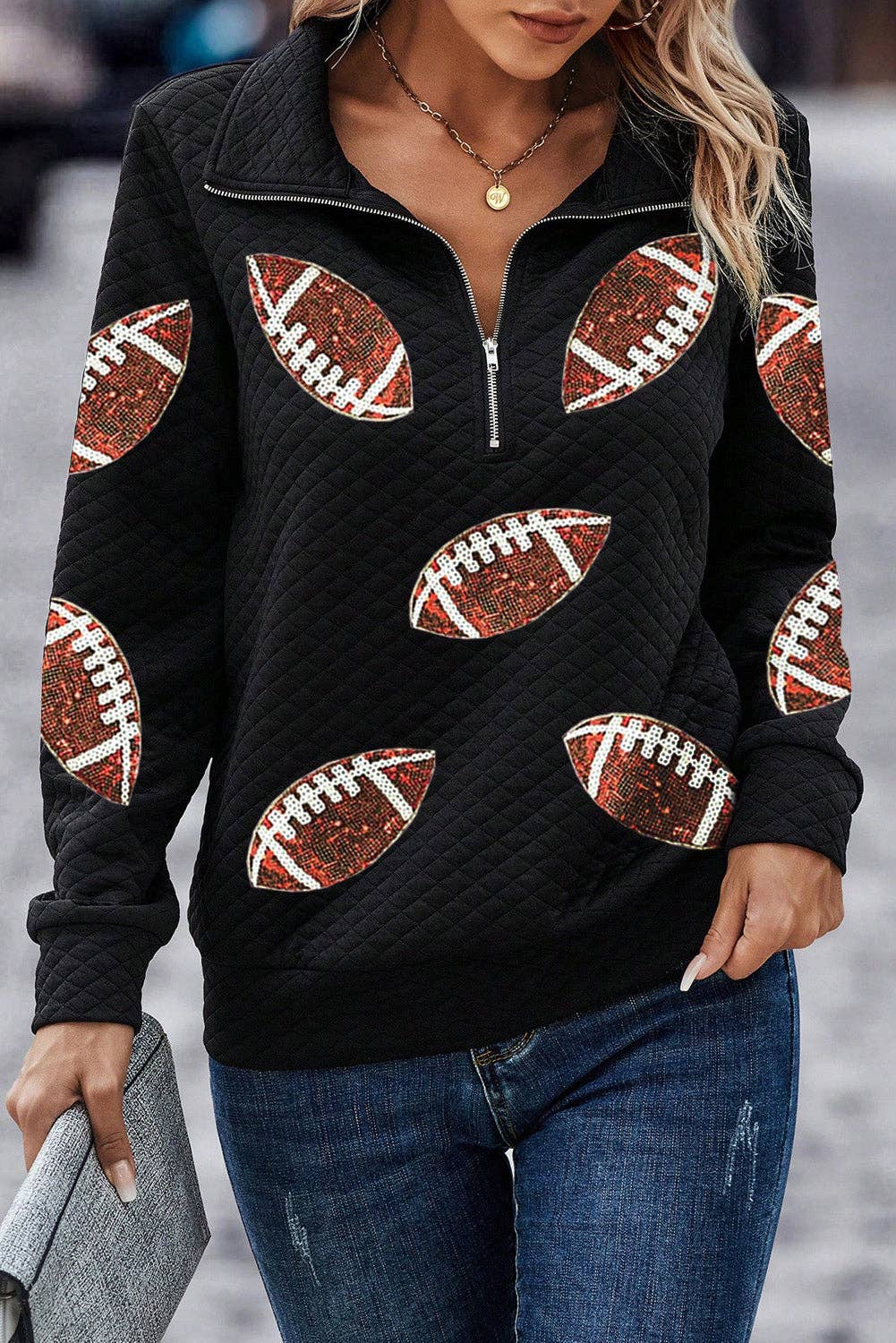 Black Sequin Rugby Football Patched Quarter Zip Textured Sweatshirt for wholesale on Faire2