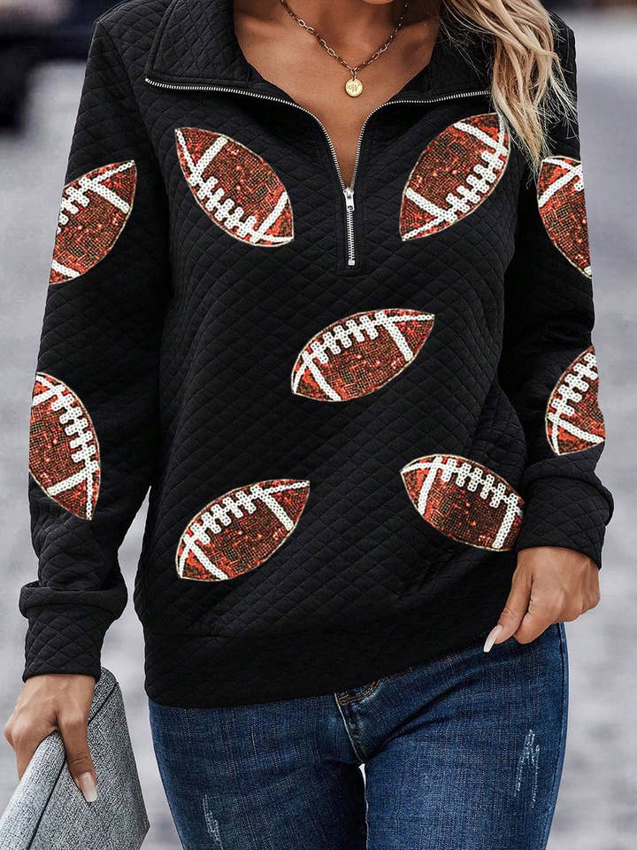 Black Sequin Rugby Football Patched Quarter Zip Textured Sweatshirt for wholesale on Faire2
