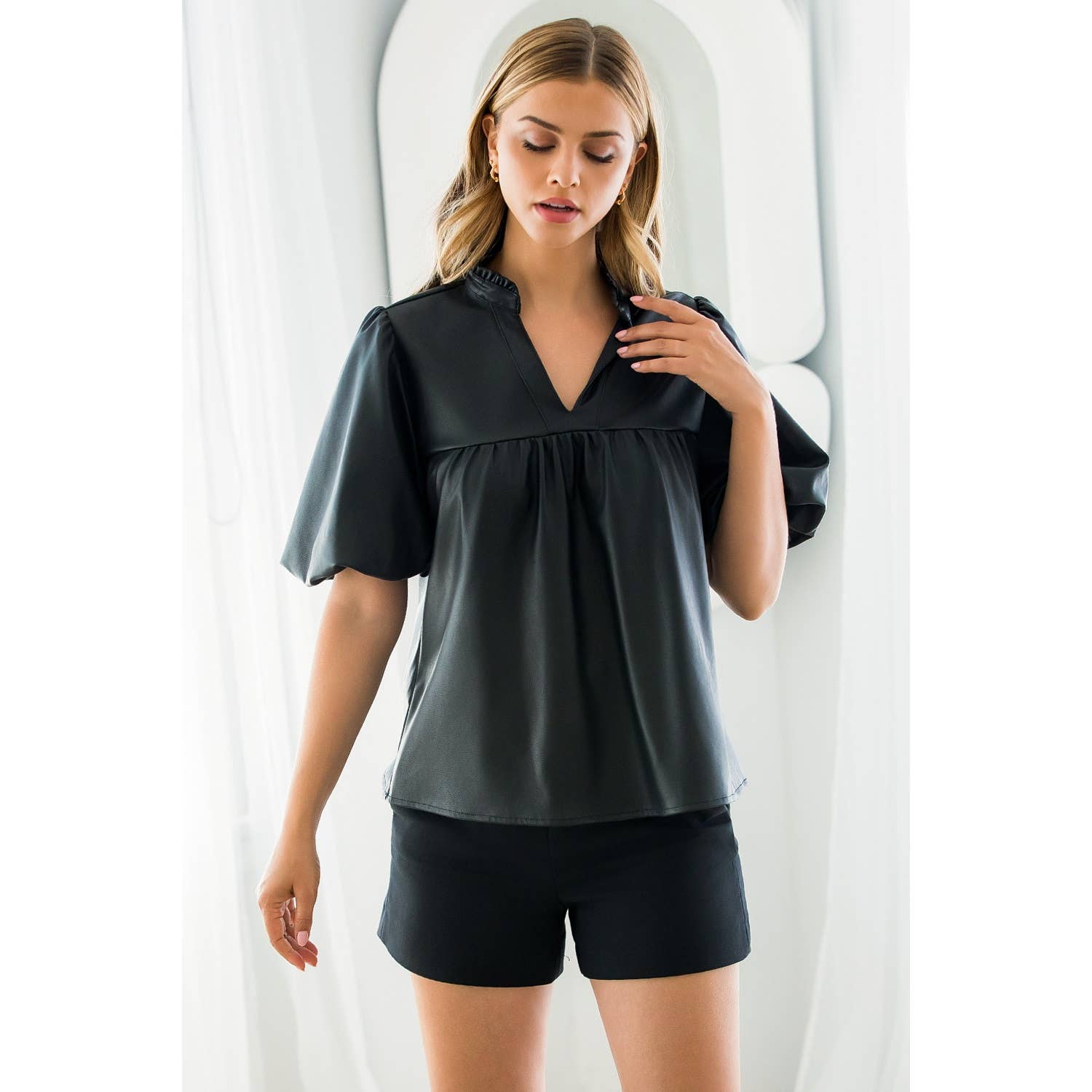 BLACK Leather Puff Sleeve Top for wholesale on Faire9