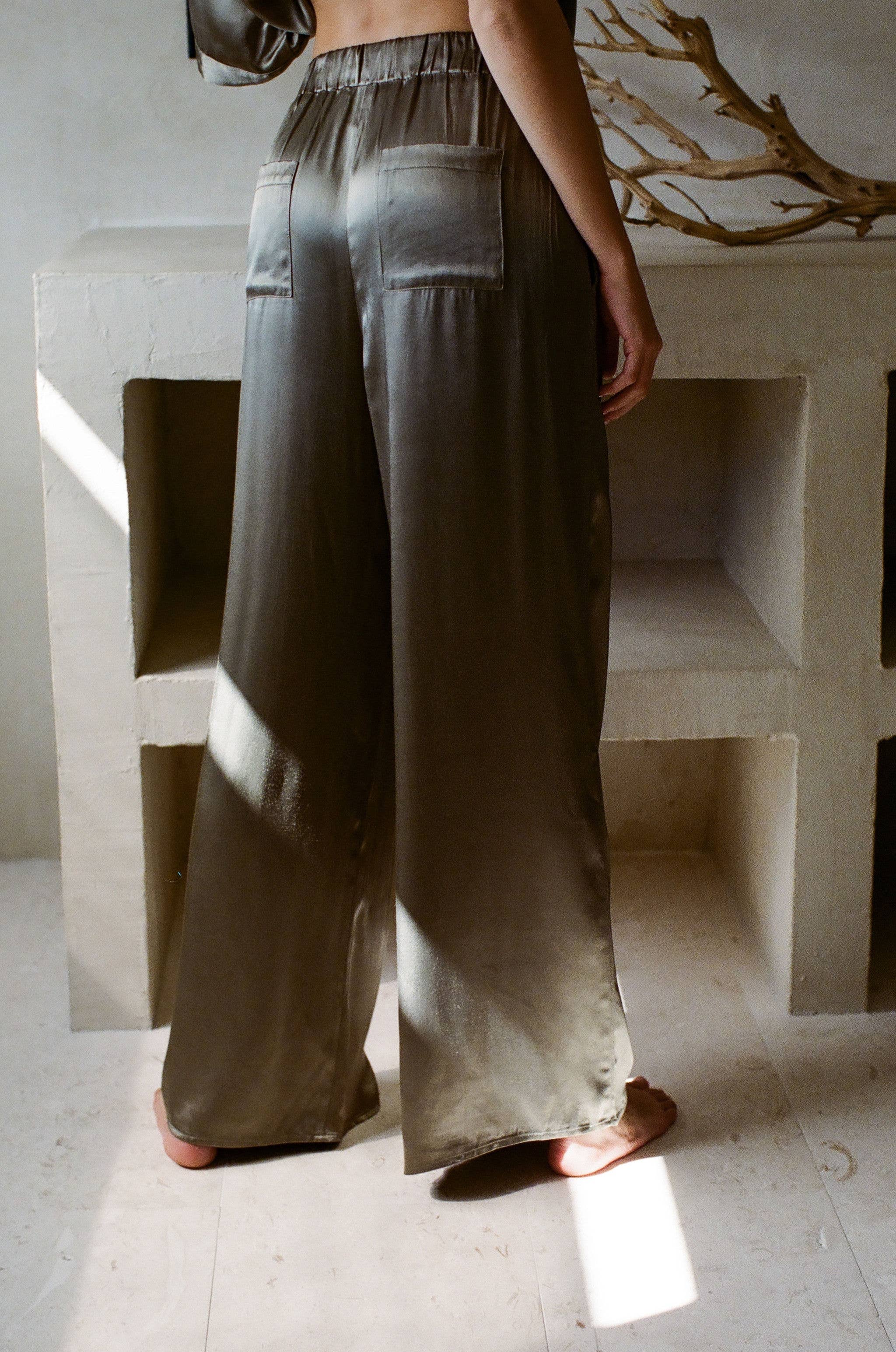 Olive AR1070 | Woven Satin Wide Leg Pants with Waist Strap for wholesale on Faire2