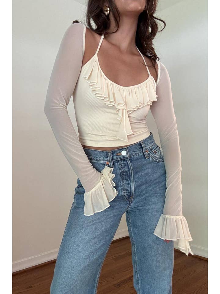 Salty - Wholesale Blouse - Women's - RUFFLE TRIM LONG SLEEVE CROP TOP20