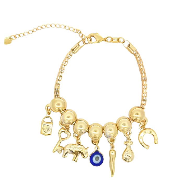 Blush & Co - Wholesale Charm/dangle bracelet - Fortuna Lock, Key, Evil Eye, Money, Horse Shoe Charm Bracelet – Brazilian Gold Layered0